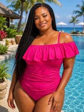La Blanca Pink Ruffle One Piece Swimsuit Removable Straps and Cups NWT Size 18W